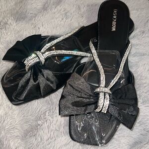 Fashion Nova Black Bow Rhinestone Slide Sandals